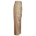 Khaki drill cargo pants with side pocket and belt loops shown from side angle
