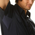 Navy blue work shirt with short sleeves showing collar detail and chest pocket with mesh ventilation panel