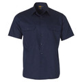 Navy short sleeve work shirt with twin chest pockets featuring button flaps and pencil slot