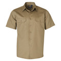 Khaki short sleeve work shirt with twin chest pockets featuring button flaps and collar