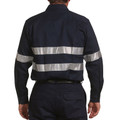Navy cotton drill work shirt with twin horizontal silver reflective tape stripes across back and sleeves