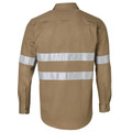 Khaki long sleeve work shirt with twin silver reflective tape strips across back and sleeves