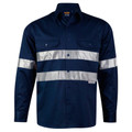 Navy blue work shirt with silver reflective tape strips across chest and sleeves, two chest pockets, long sleeves
