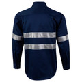 Navy cotton drill work shirt back view with silver 3M reflective tape stripes across torso and sleeves