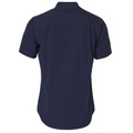 Navy blue short sleeve work shirt with collar and chest pockets, rear view showing flat back panel