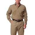Man wearing khaki long sleeve canvas work shirt with twin chest pockets and contrast suede reinforcement panels