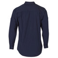 Back view of navy long sleeve work shirt with button cuffs, shoulder seam detail and curved hem