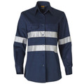 Navy blue women's long sleeve work shirt with silver reflective tape across chest and arms