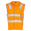 Fluorescent orange safety vest with silver reflective chest and waist tapes, hook-and-eye front closure, flat packshot