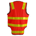 Orange-red safety vest with fluoro yellow reflective tape stripes and shoulder panels, black binding trim