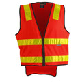 Orange-red hi-vis safety vest with yellow reflective tape stripes and shoulder panels, black zipper front closure