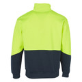 Hi-vis yellow and charcoal fleece sweater with stand-up collar and colour-blocked lower section, back view