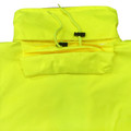 Fluorescent yellow rain jacket close-up showing zip chest pocket and drawstring collar with toggle