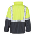 High-visibility rain jacket in safety yellow and charcoal with 3M reflective tape detail across shoulders and chest