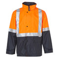 Orange and navy hi-vis rain jacket with silver 3M reflective tape, snap buttons, and stand collar
