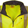 Hi-vis yellow rain jacket close-up showing dark navy zip, mesh lining, and contrast charcoal shoulder panel