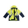 Hi-vis yellow and navy reversible safety jacket with reflective 3M tape and detachable hood shown open
