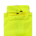 Fluorescent yellow jacket packable hood detail with drawcord and zip-close storage pouch
