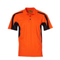 Hi-vis orange polo shirt with black contrast panels on shoulders and sides, featuring underarm mesh ventilation