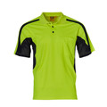Fluorescent yellow-green hi-vis polo with black contrast panels on shoulders and sides, featuring mesh underarm ventilation