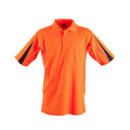 Hi-vis orange polo shirt with navy contrast sleeve panels, reflective piping, three-button placket and chest pocket