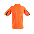 Back view of hi-vis orange polo shirt with navy contrast panels and reflective piping on sleeves