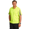 Man wearing lime yellow hi-vis polo with charcoal side panels and reflective piping, chest pocket, three-button placket