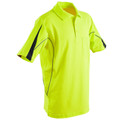 High-visibility yellow polo shirt with black side panels, chest pocket, and reflective piping detail