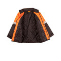 Orange and charcoal hi-vis jacket opened to show black quilted lining with reflective tape on sleeves