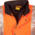 Hi-vis orange rain jacket with silver reflective panels, open zip collar, snap button placket and dark quilted lining