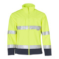 Hi-vis yellow softshell jacket with 3M reflective tape and charcoal contrast trim on chest and sleeves