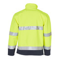 Back view of hi-vis yellow and navy two-tone softshell jacket with horizontal 3M reflective chest and sleeve tapes