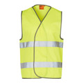 Fluro yellow hi-vis safety vest with two horizontal silver reflective tapes and grey binding trim, flat lay
