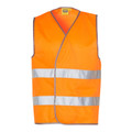 Orange hi-vis safety vest with two horizontal silver reflective tape bands and grey trim neckline, flat lay