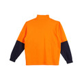 Hi-vis orange fleece zip sweater with navy sleeves and stand-up collar, rear view showing colour-block panels