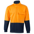 High-visibility orange and navy fleece sweater with half zip, chest pocket and contrast colour blocking