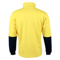 Back view of yellow hi-vis zip fleece sweater with navy contrast cuffs and high collar