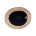 Beige cotton bucket hat with contrasting navy inner crown and brim lining viewed from above