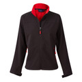 Black softshell jacket with red fleece-lined collar and contrast zipper detail