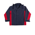 Navy and red 3-in-1 jacket with detachable hood, contrasting side panels, and reversible vest layer
