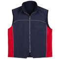 Navy fleece vest with red side panels and grey piping detail, featuring full zip front