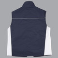 Back view of navy and white sleeveless vest with contrast side panels and reflective shoulder piping