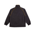 Black lightweight jacket with gold contrast piping along raglan sleeves and stand-up collar