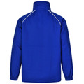 Royal blue lightweight jacket with high collar and white contrast piping detail along shoulders