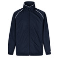 Navy lightweight track jacket with white contrast piping along raglan sleeves and collar
