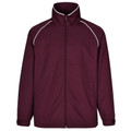 Maroon lightweight jacket with white contrast piping along raglan sleeves and stand-up collar with full zip front