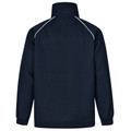 Navy lightweight jacket with white contrast piping along shoulders and raglan sleeves, featuring elastic cuffs and high collar