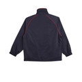 Navy kids jacket back view with red contrast piping detail along raglan sleeves and elastic cuffs