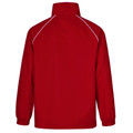 Red lightweight jacket with white contrast piping along raglan sleeves and high collar, back view