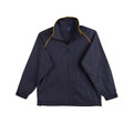Navy lightweight kids jacket with gold contrast piping on shoulders and full zip front